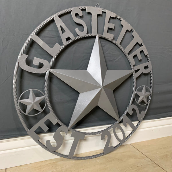 GLASTETTER STYLE YOUR CUSTOM NAME BARN STAR 3d METAL LONE STAR TWISTED ROPE RING WESTERN HOME DECOR RUSTIC GREY HANDMADE 24",32",36",50"