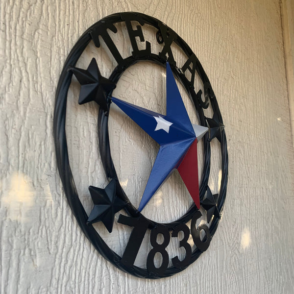 TEXAS FLAG STAR RED WHT BLUE STAR & BLACK RING METAL BARN LONE STAR WESTERN HOME DECOR HANDMADE NEW 12",18",24",36",50"