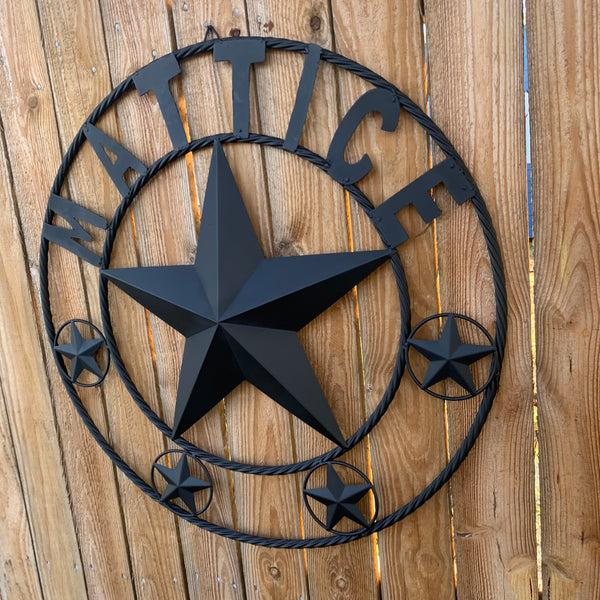 MATTICE STYLE BLACK STAR YOUR CUSTOM NAME BARN METAL STAR 3d TWISTED ROPE RING WESTERN HOME DECOR HANDMADE 24",32",36",50"