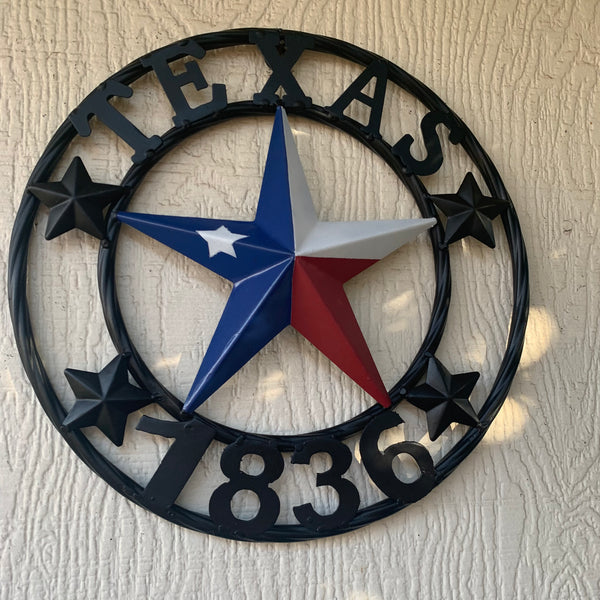 TEXAS FLAG STAR RED WHT BLUE STAR & BLACK RING METAL BARN LONE STAR WESTERN HOME DECOR HANDMADE NEW 12",18",24",36",50"