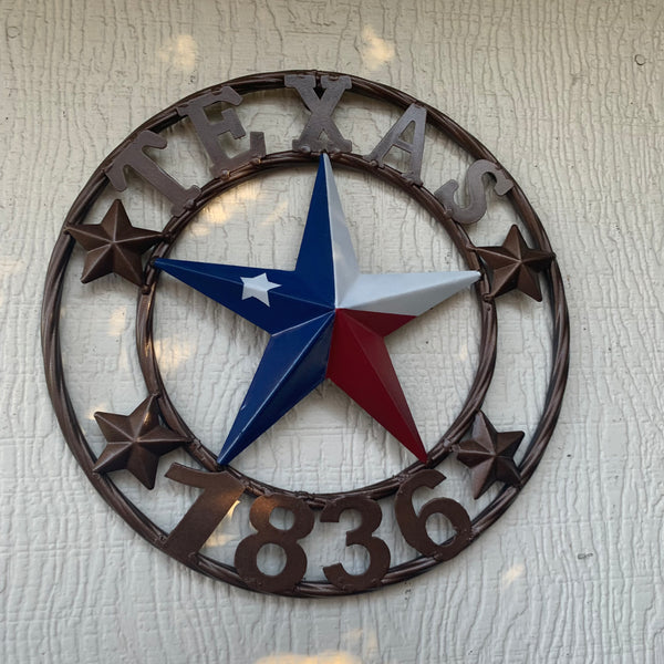 TEXAS FLAG STAR RED WHT BLUE STAR & BRONZE COPPER RING 1836 TEXAS METAL BARN LONE STAR WESTERN HOME DECOR HANDMADE NEW 12",18",24",32",36",50"