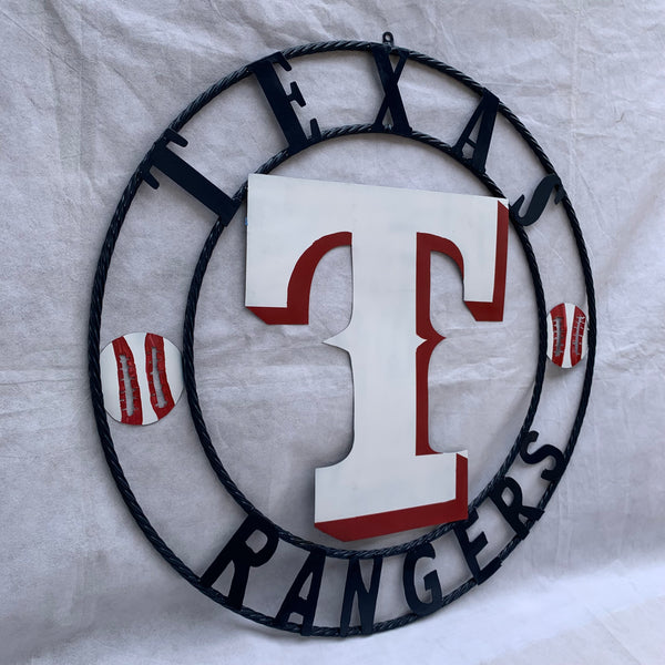 TEXAS RANGERS CUSTOM METAL VINTAGE CRAFT TEAM SIGN WHITE & RED & NAVY BLUE RING HANDMADE