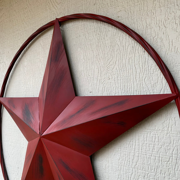 RED DISTRESSED STAR TWO TONE TEXTURE BARN STAR METAL LONESTAR TWISTED ROPE RING WESTERN HOME DECOR HANDMADE NEW