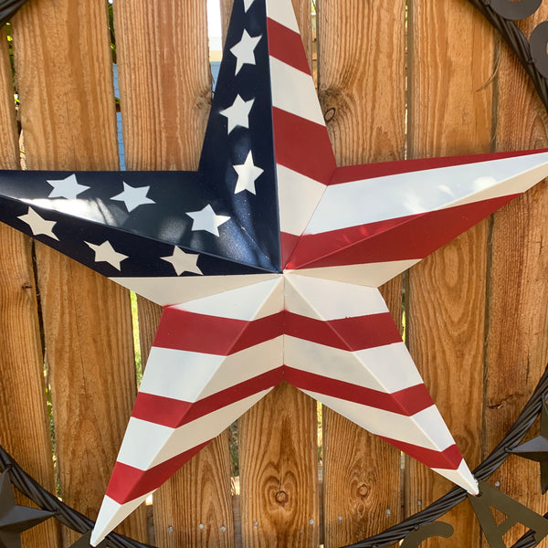 GOD BLESS AMERICA USA FLAG 3d STAR METAL BARN STAR LONE STAR TWISTED ROPE RING WALL ART WESTERN HOME DECOR RED WHITE & BLUE HANDMADE NEW #EH10490