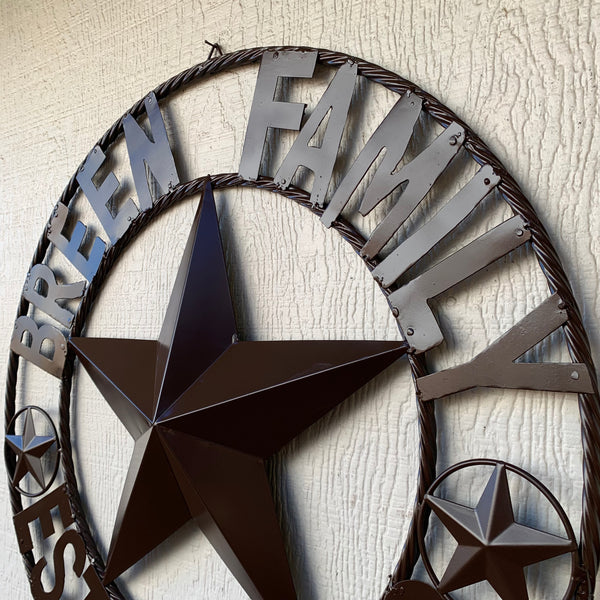 BREEN FAMILY STYLE CUSTOM NAME STAR BARN METAL STAR 3d TWISTED ROPE RING WESTERN HOME DECOR RUSTIC BROWN HANDMADE 24",32",36",50"