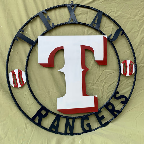TEXAS RANGERS CUSTOM METAL VINTAGE CRAFT TEAM SIGN WHITE & RED & NAVY BLUE RING HANDMADE