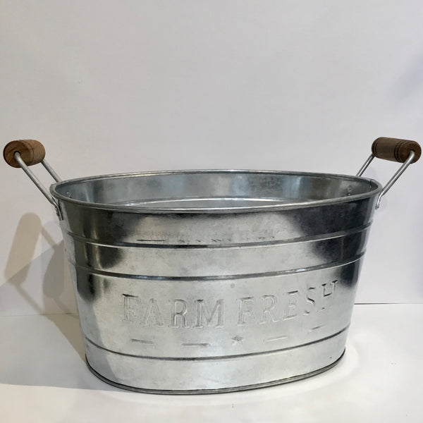18" GALV. FARM FRESH WOOD HANDLE OVAL METAL TUB BUCKET WESTERN HOME DECOR NEW #EH12499