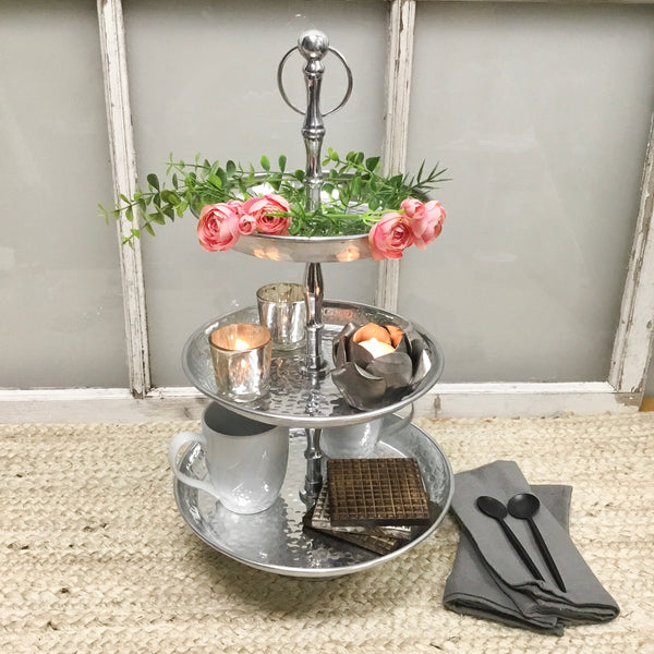 #IH_20265 ALUMINUM HAMMERED 3-TIER STAND 21" WESTERN HOME DECOR HANDMADE BRAND NEW