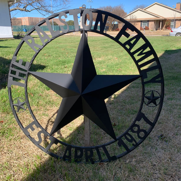 RALSTON FAMILY STYLE CUSTOM NAME STAR BARN METAL STAR 3d TWISTED ROPE RING WESTERN HOME DECOR RUSTIC BLACK HANDMADE 24",32",36",50"