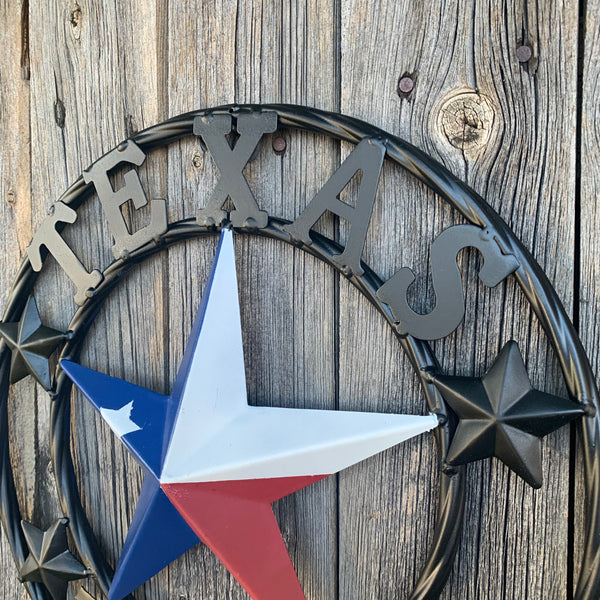 TEXAS FLAG STAR RED WHT BLUE STAR & BLACK RING METAL BARN LONE STAR WESTERN HOME DECOR HANDMADE NEW 12",18",24",36",50"