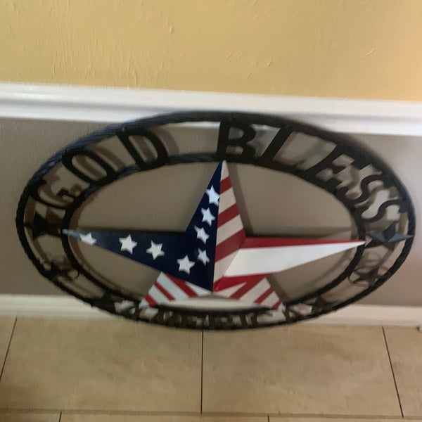 GOD BLESS AMERICA USA FLAG 3d STAR METAL BARN STAR LONE STAR TWISTED ROPE RING WALL ART WESTERN HOME DECOR RED WHITE & BLUE HANDMADE NEW #EH10490