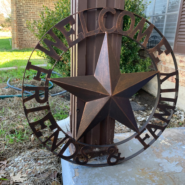 WELCOME FRIENDS FAMILY BARN METAL STAR WALL ART WESTERN HOME DECOR HANDMADE NEW