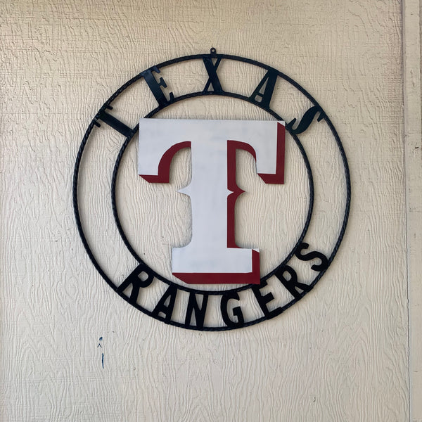 TEXAS RANGERS CUSTOM METAL VINTAGE CRAFT TEAM SIGN WHITE & RED WITH BLACK RING HANDMADE