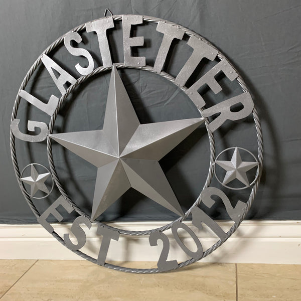 GLASTETTER STYLE YOUR CUSTOM NAME BARN STAR 3d METAL LONE STAR TWISTED ROPE RING WESTERN HOME DECOR RUSTIC GREY HANDMADE 24",32",36",50"