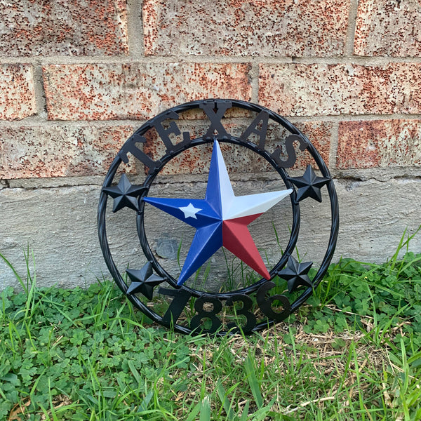 TEXAS FLAG STAR RED WHT BLUE STAR & BLACK RING METAL BARN LONE STAR WESTERN HOME DECOR HANDMADE NEW 12",18",24",36",50"