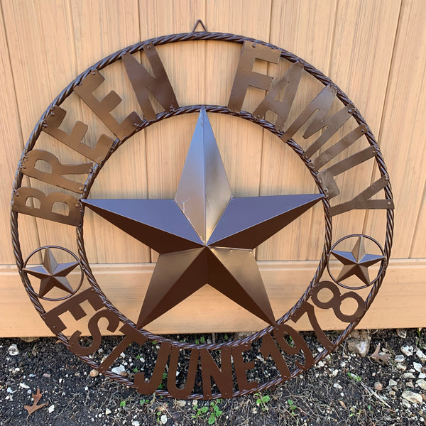 BREEN FAMILY STYLE CUSTOM NAME STAR BARN METAL STAR 3d TWISTED ROPE RING WESTERN HOME DECOR RUSTIC BROWN HANDMADE 24",32",36",50"