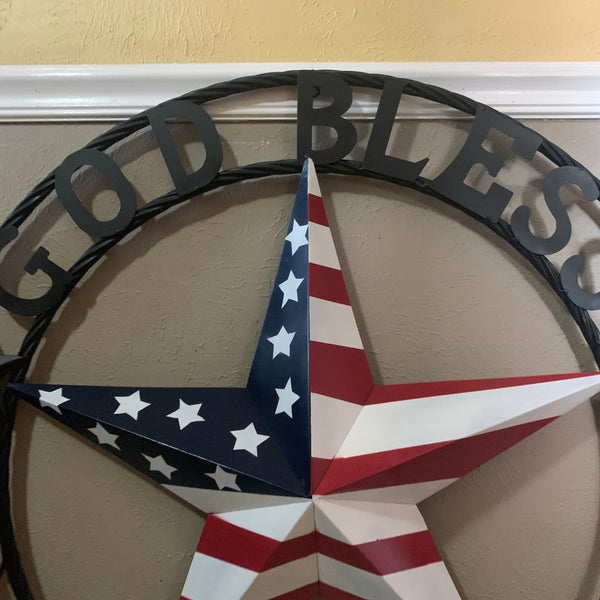 GOD BLESS AMERICA USA FLAG 3d STAR METAL BARN STAR LONE STAR TWISTED ROPE RING WALL ART WESTERN HOME DECOR RED WHITE & BLUE HANDMADE NEW #EH10490