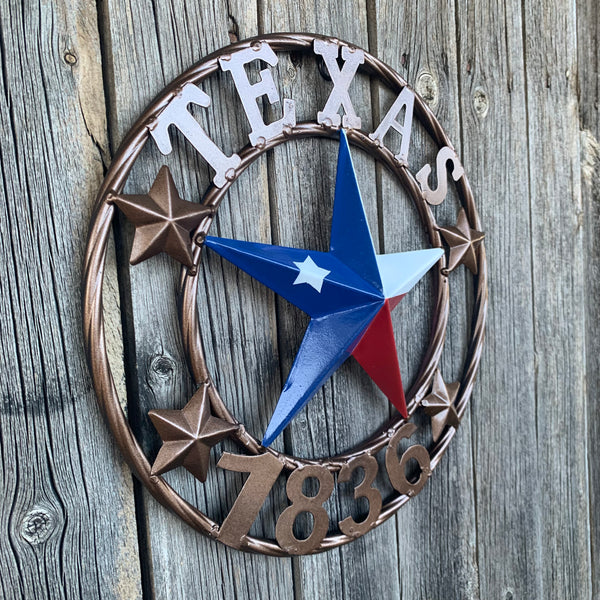 TEXAS FLAG STAR RED WHT BLUE STAR & BRONZE COPPER RING 1836 TEXAS METAL BARN LONE STAR WESTERN HOME DECOR HANDMADE NEW 12",18",24",32",36",50"
