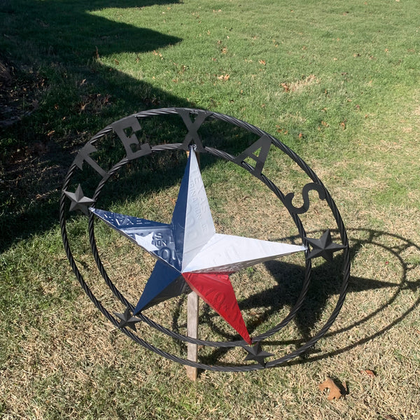 TEXAS LICENSE PLATE BARN STAR METAL LONE STAR TWISTED BLACK RING & LETTERS WESTERN HOME DECOR HANDMADE NEW