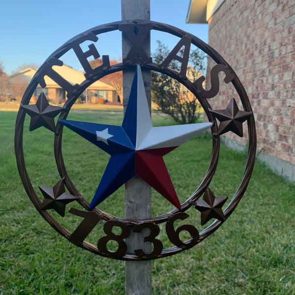 TEXAS FLAG STAR RED WHT BLUE STAR & BRONZE COPPER RING 1836 TEXAS METAL BARN LONE STAR WESTERN HOME DECOR HANDMADE NEW 12",18",24",32",36",50"