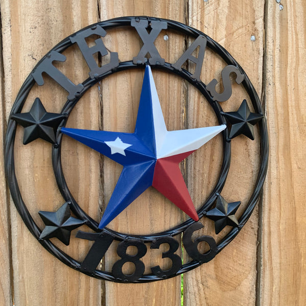 TEXAS FLAG STAR RED WHT BLUE STAR & BLACK RING METAL BARN LONE STAR WESTERN HOME DECOR HANDMADE NEW 12",18",24",36",50"