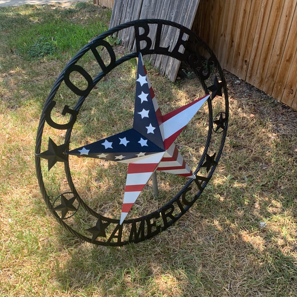 GOD BLESS AMERICA USA FLAG 3d STAR METAL BARN STAR LONE STAR TWISTED ROPE RING WALL ART WESTERN HOME DECOR RED WHITE & BLUE HANDMADE NEW #EH10490