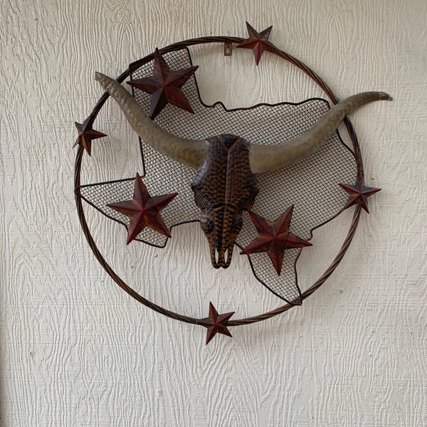 24" LONGHORNS & STARS METAL WALL ART SCULPTURE WESTERN HOME DECOR HANDMADE NEW