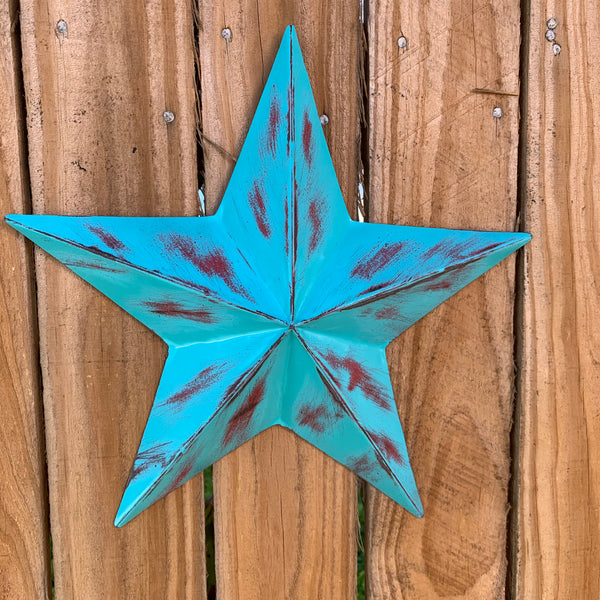 TURQUOISE DISTRESSED TWO TONE BARN STAR METAL ART WESTERN HOME DECOR HANDMADE NEW