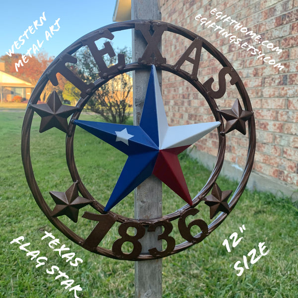 TEXAS FLAG STAR RED WHT BLUE STAR & BRONZE COPPER RING 1836 TEXAS METAL BARN LONE STAR WESTERN HOME DECOR HANDMADE NEW 12",18",24",32",36",50"