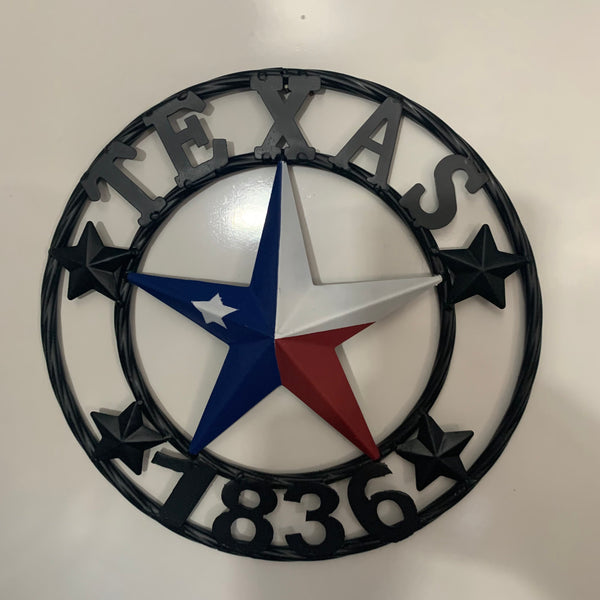 TEXAS FLAG STAR RED WHT BLUE STAR & BLACK RING METAL BARN LONE STAR WESTERN HOME DECOR HANDMADE NEW 12",18",24",36",50"