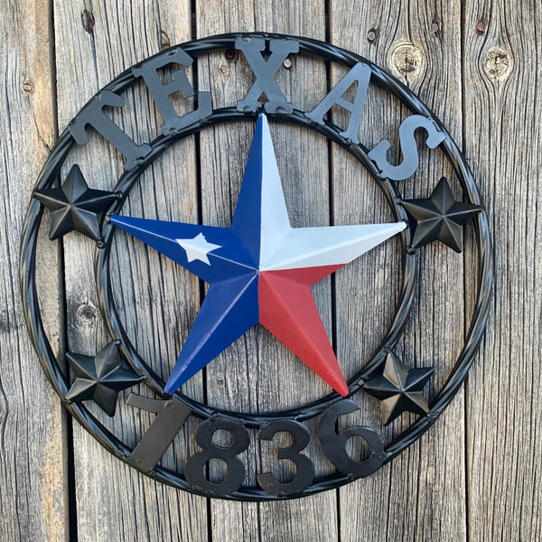 TEXAS FLAG STAR RED WHT BLUE STAR & BLACK RING METAL BARN LONE STAR WESTERN HOME DECOR HANDMADE NEW 12",18",24",36",50"