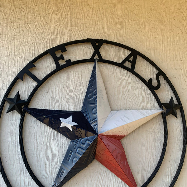 TEXAS LICENSE PLATE BARN STAR METAL LONE STAR TWISTED BLACK RING & LETTERS WESTERN HOME DECOR HANDMADE NEW