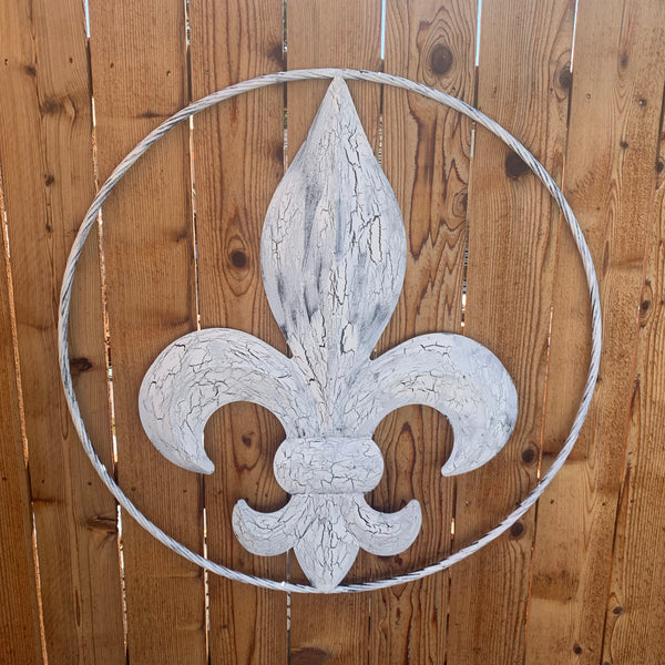 24",36" FLEUR DE LIS METAL CRACKLE WHITE WESTERN HOME DECOR HANDMADE WALL ART NEW