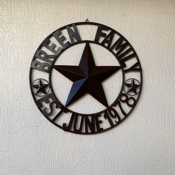 BREEN FAMILY STYLE CUSTOM NAME STAR BARN METAL STAR 3d TWISTED ROPE RING WESTERN HOME DECOR RUSTIC BROWN HANDMADE 24",32",36",50"