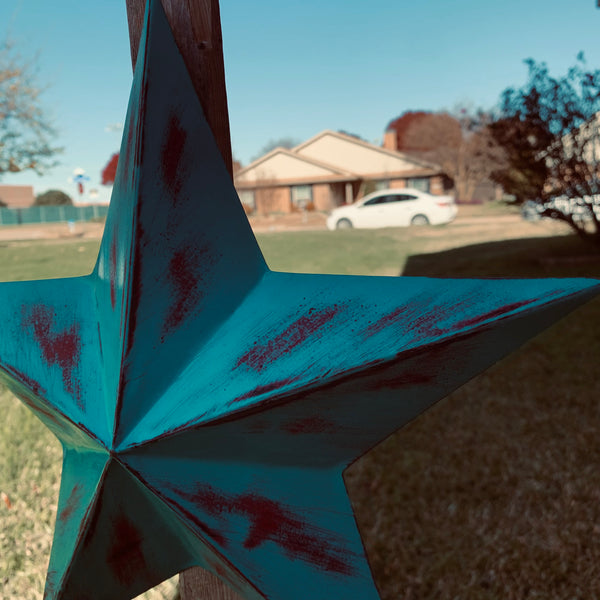 TURQUOISE DISTRESSED TWO TONE BARN STAR METAL ART WESTERN HOME DECOR HANDMADE NEW