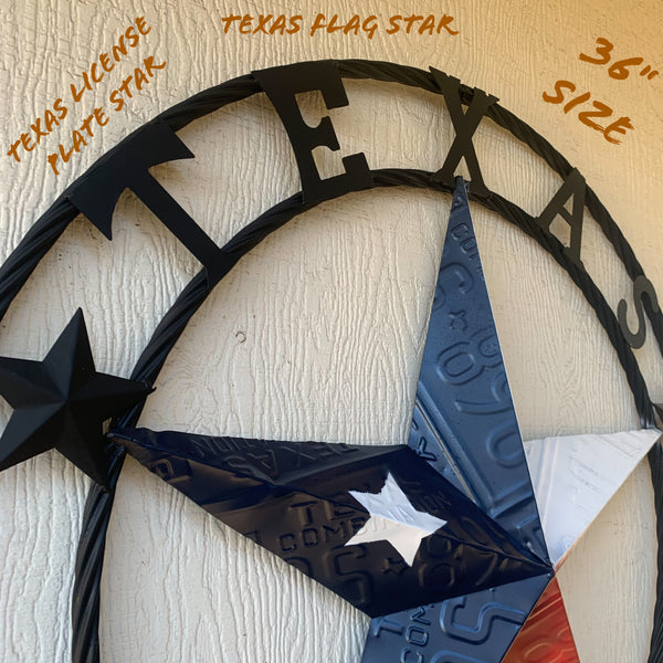 TEXAS LICENSE PLATE BARN STAR METAL LONE STAR TWISTED BLACK RING & LETTERS WESTERN HOME DECOR HANDMADE NEW