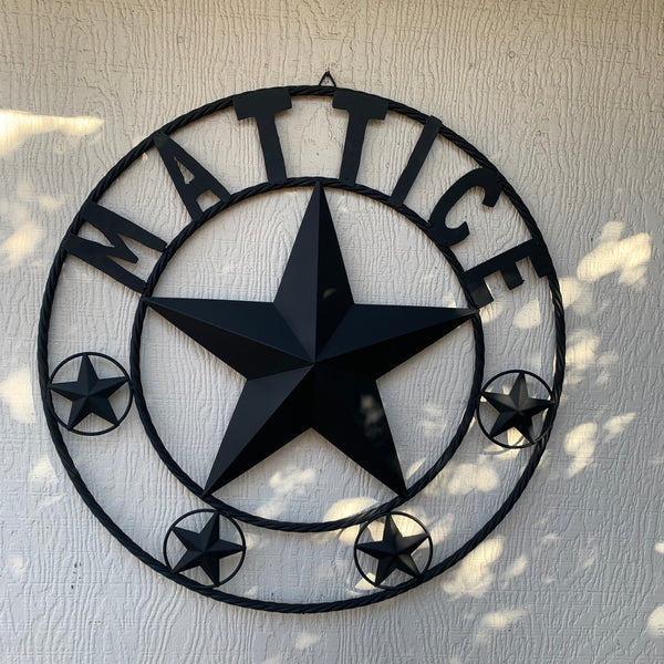 MATTICE STYLE BLACK STAR YOUR CUSTOM NAME BARN METAL STAR 3d TWISTED ROPE RING WESTERN HOME DECOR HANDMADE 24",32",36",50"