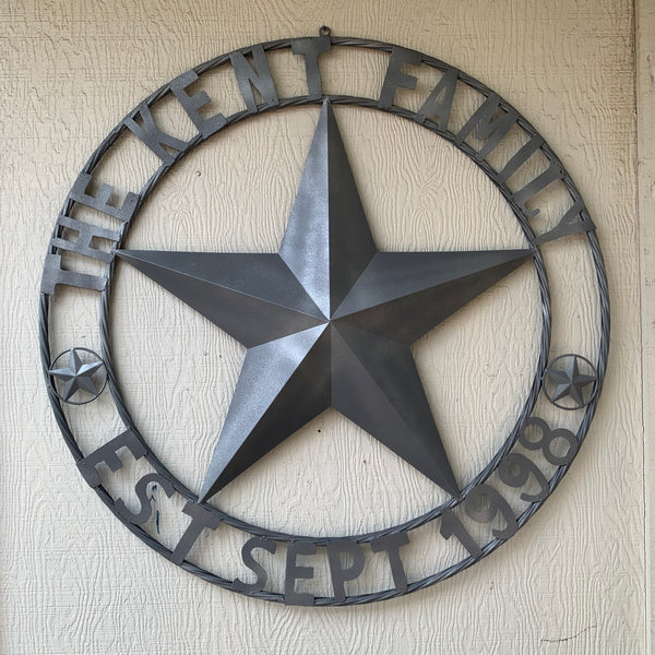 KENT STYLE CUSTOM STAR NAME BARN METAL STAR 3d TWISTED ROPE RING WESTERN HOME DECOR RUSTIC GREY SILVER HANDMADE 24",32",36",50"