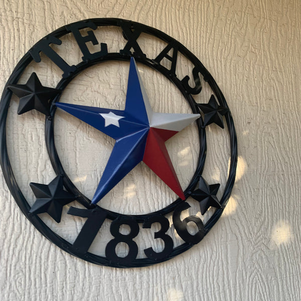 TEXAS FLAG STAR RED WHT BLUE STAR & BLACK RING METAL BARN LONE STAR WESTERN HOME DECOR HANDMADE NEW 12",18",24",36",50"