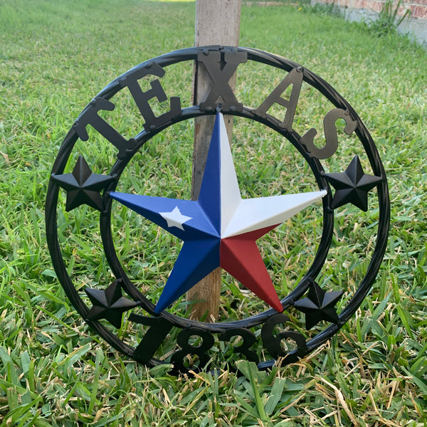 TEXAS FLAG STAR RED WHT BLUE STAR & BLACK RING METAL BARN LONE STAR WESTERN HOME DECOR HANDMADE NEW 12",18",24",36",50"