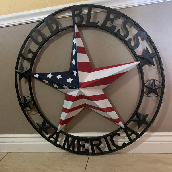 GOD BLESS AMERICA USA FLAG 3d STAR METAL BARN STAR LONE STAR TWISTED ROPE RING WALL ART WESTERN HOME DECOR RED WHITE & BLUE HANDMADE NEW #EH10490