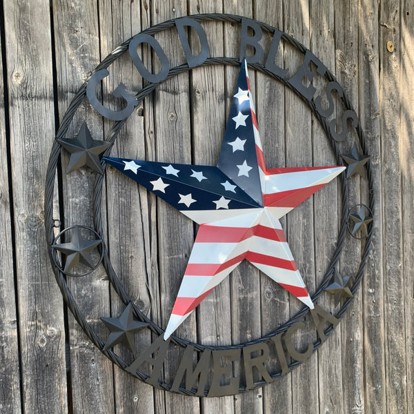 GOD BLESS AMERICA USA FLAG 3d STAR METAL BARN STAR LONE STAR TWISTED ROPE RING WALL ART WESTERN HOME DECOR RED WHITE & BLUE HANDMADE NEW #EH10490