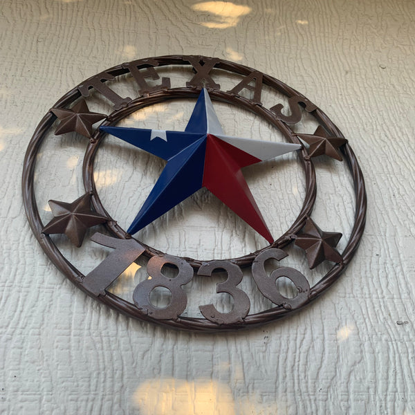 TEXAS FLAG STAR RED WHT BLUE STAR & BRONZE COPPER RING 1836 TEXAS METAL BARN LONE STAR WESTERN HOME DECOR HANDMADE NEW 12",18",24",32",36",50"
