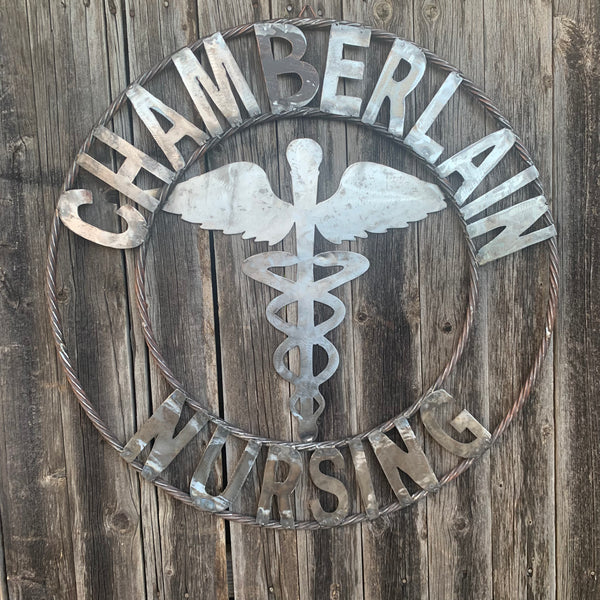 CUSTOM NAME CHAMBERLAIN NURSING STYLE TWISTIED RING BARN RUSTIC BRONZE METAL SIGN WESTERN HOME DECOR HANDMADE 24",32",36"