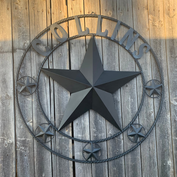 COLLINS STYLE CUSTOM STAR NAME BARN METAL STAR 3d TWISTED ROPE RING WESTERN HOME DECOR RUSTIC  BLACK HANDMADE 24",32",36",50"