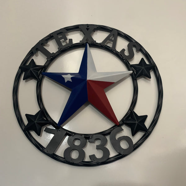 TEXAS FLAG STAR RED WHT BLUE STAR & BLACK RING METAL BARN LONE STAR WESTERN HOME DECOR HANDMADE NEW 12",18",24",36",50"