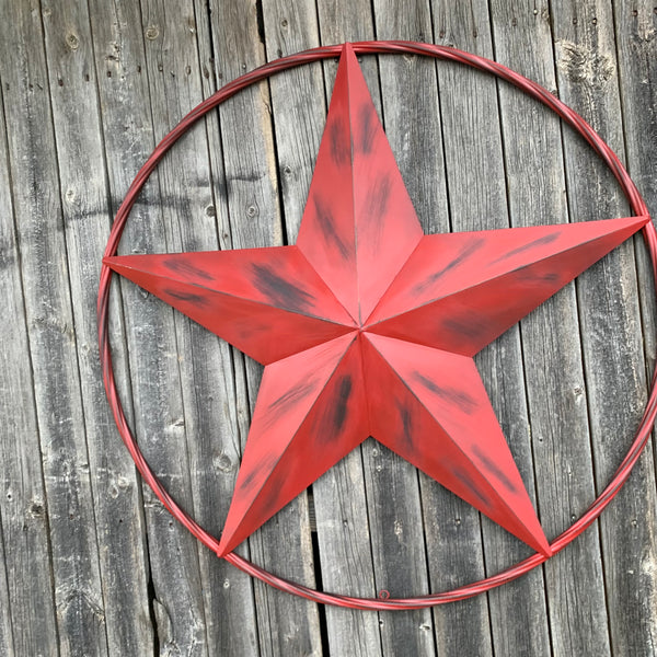 RED DISTRESSED STAR TWO TONE TEXTURE BARN STAR METAL LONESTAR TWISTED ROPE RING WESTERN HOME DECOR HANDMADE NEW