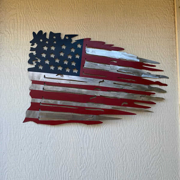 USA TATTERED AMERICAN FLAG METAL WALL ART WESTERN HOME DECOR HANDMADE NEW