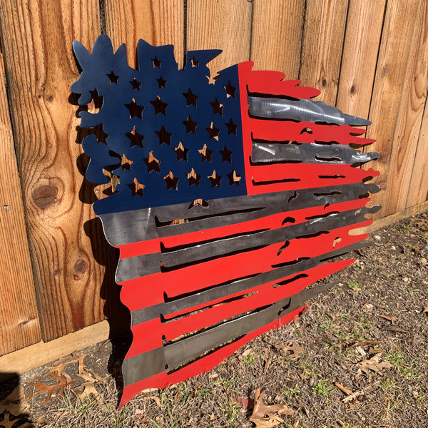 USA TATTERED AMERICAN FLAG METAL WALL ART WESTERN HOME DECOR HANDMADE NEW