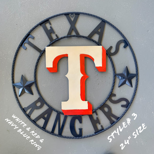 12", 18", 24", 32" TEXAS RANGERS BARN CUSTOM METAL VINTAGE CRAFT SIGN TEAM  WHITE & RED & NAVY BLUE RING & STAR HANDMADE